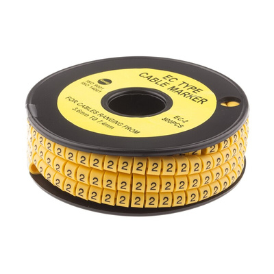 RS PRO Slide On Cable Markers, Black on Yellow, Pre-printed "2", 3.6 → 7.4mm Cable