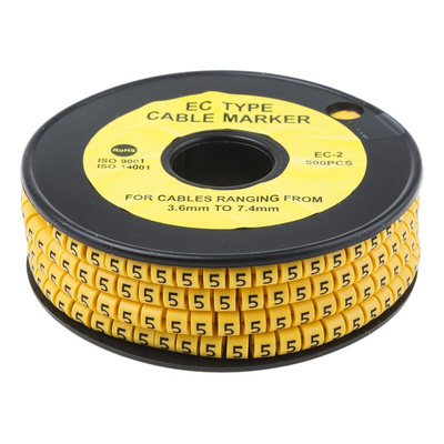 RS PRO Slide On Cable Markers, Black on Yellow, Pre-printed "5", 3.6 → 7.4mm Cable