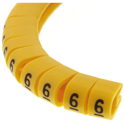 RS PRO Slide On Cable Markers, Black on Yellow, Pre-printed "6", 3.6 → 7.4mm Cable