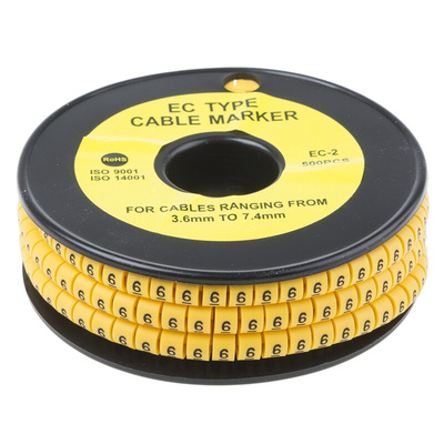 RS PRO Slide On Cable Markers, Black on Yellow, Pre-printed "6", 3.6 → 7.4mm Cable
