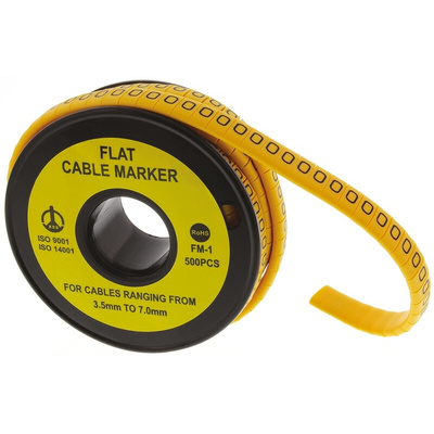 RS PRO Slide On Cable Markers, Black on Yellow, Pre-printed "0", 3.5 → 7mm Cable