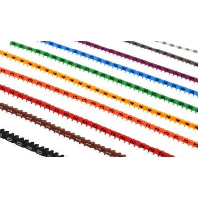RS PRO Clip On Cable Markers, Black, Brown, Green, Grey, Orange, Red, Violet, White, Yellow, Pre-printed "0 → 9"