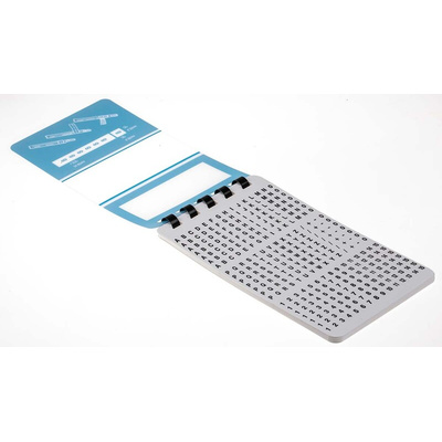 RS PRO Adhesive Cable Markers, Black on White, Pre-printed "0 → 15; -; /; +; A → Z"