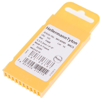 HellermannTyton WIC3 Snap On Cable Markers, Yellow, Pre-printed "0 → 9", 4.3 → 5.3mm Cable