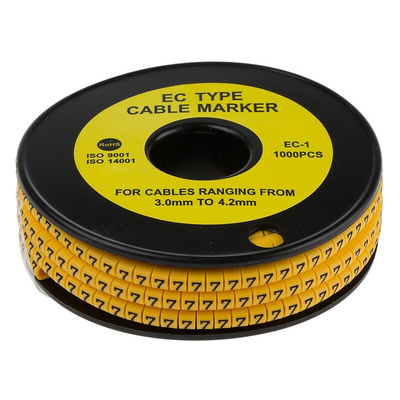 RS PRO Slide On Cable Markers, Black on Yellow, Pre-printed "7", 3 → 4.2mm Cable