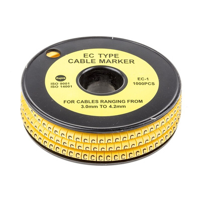 RS PRO Slide On Cable Markers, Black on Yellow, Pre-printed "C", 3 → 4.2mm Cable