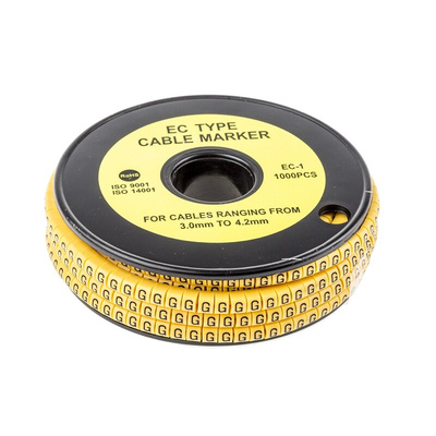 RS PRO Slide On Cable Markers, Black on Yellow, Pre-printed "G", 3 → 4.2mm Cable