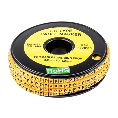 RS PRO Slide On Cable Markers, Black on Yellow, Pre-printed "P", 3 → 4.2mm Cable