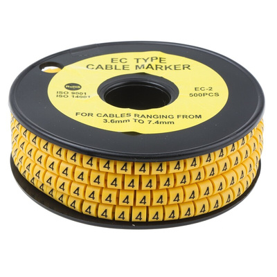 RS PRO Slide On Cable Markers, Black on Yellow, Pre-printed "4", 3.6 → 7.4mm Cable