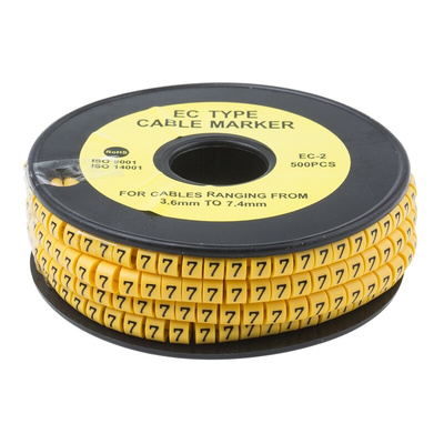 RS PRO Slide On Cable Markers, Black on Yellow, Pre-printed "7", 3.6 → 7.4mm Cable