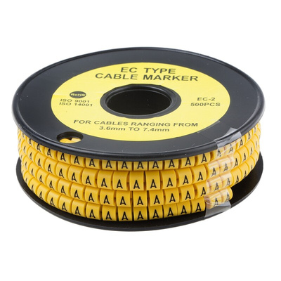 RS PRO Slide On Cable Markers, Black on Yellow, Pre-printed "A", 3.6 → 7.4mm Cable