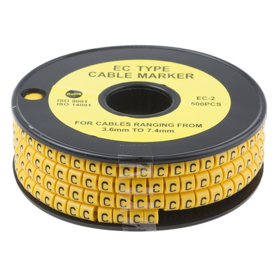 RS PRO Slide On Cable Markers, Black on Yellow, Pre-printed "C", 3.6 → 7.4mm Cable