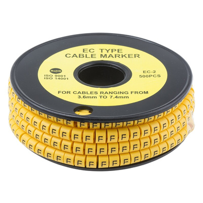 RS PRO Slide On Cable Markers, Black on Yellow, Pre-printed "F", 3.6 → 7.4mm Cable
