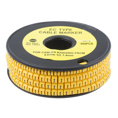 RS PRO Slide On Cable Markers, Black on Yellow, Pre-printed "I", 3.6 → 7.4mm Cable