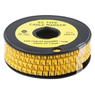 RS PRO Slide On Cable Markers, Black on Yellow, Pre-printed "L", 3.6 → 7.4mm Cable
