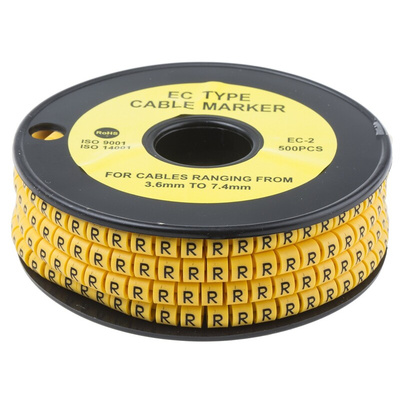 RS PRO Slide On Cable Markers, Black on Yellow, Pre-printed "R", 3.6 → 7.4mm Cable
