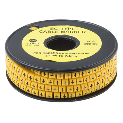 RS PRO Slide On Cable Markers, Black on Yellow, Pre-printed "+", 3.6 → 7.4mm Cable