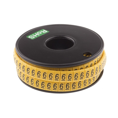 RS PRO Slide On Cable Markers, Black on Yellow, Pre-printed "6", 3.5 → 7mm Cable