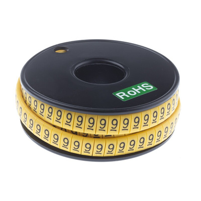 RS PRO Slide On Cable Markers, Black on Yellow, Pre-printed "9", 3.5 → 7mm Cable