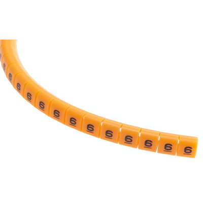 RS PRO Snap On Cable Markers, Black on Orange, Pre-printed "6", 3 → 3.4mm Cable