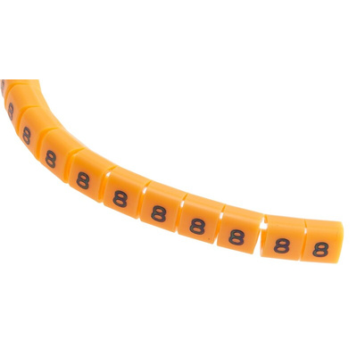 RS PRO Snap On Cable Markers, Black on Orange, Pre-printed "8", 3 → 3.4mm Cable