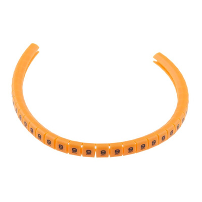 RS PRO Snap On Cable Markers, Black on Orange, Pre-printed "9", 3 → 3.4mm Cable