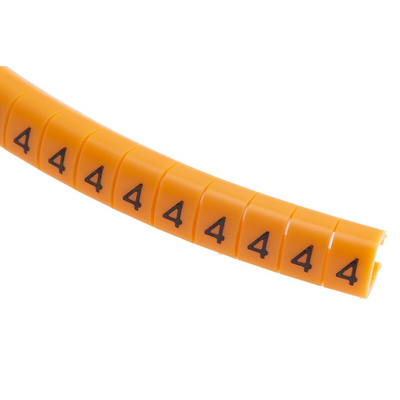 RS PRO Snap On Cable Markers, Black on Orange, Pre-printed "4", 4 → 5mm Cable