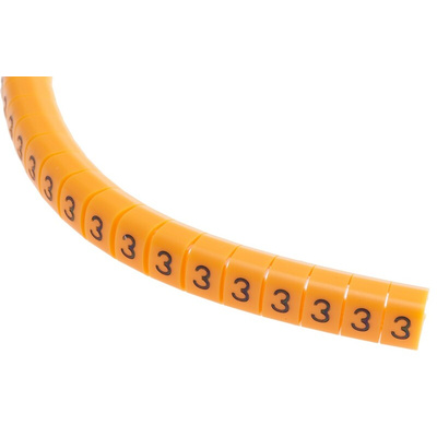 RS PRO Snap On Cable Markers, Black on Orange, Pre-printed "3", 4 → 5mm Cable