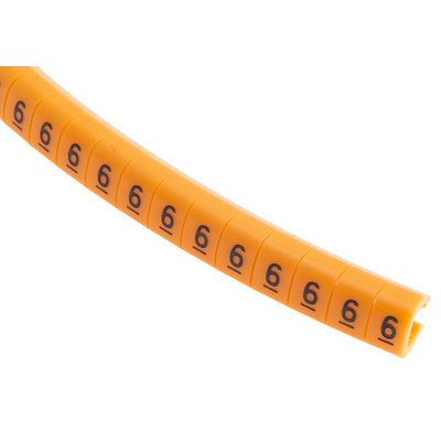 RS PRO Snap On Cable Markers, Black on Orange, Pre-printed "6", 4 → 5mm Cable