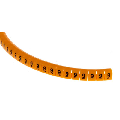 RS PRO Snap On Cable Markers, Black on Orange, Pre-printed "9", 4 → 5mm Cable