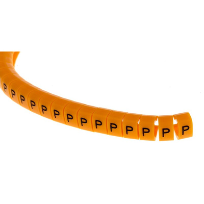RS PRO Snap On Cable Markers, Black on Orange, Pre-printed "P", 4 → 5mm Cable