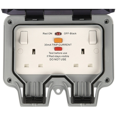BG Electrical 13A, BS Fixing, Active, 2 Gang RCD Socket, Polycarbonate, Surface Mount , Switched, IP66, 230V ac, Grey,