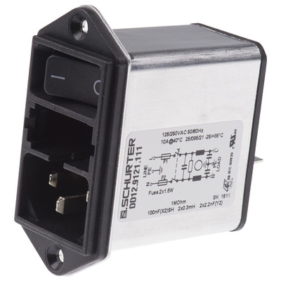 Schurter 10A, 250 V ac Male Panel Mount Filtered IEC Connector 2 Pole DD12.9121.111, Quick Connect Terminals 6.3 x 0.8
