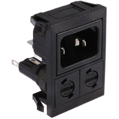 Bulgin C14 Snap-In IEC Connector Male, 10A, 250 V, Fuse Size 5 x 20mm