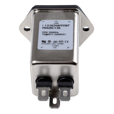 Schaffner 1A, 250 V ac Male Panel Mount IEC Inlet Filter FN9260-1-06, Faston None Fuse