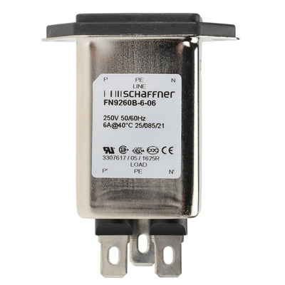 Schaffner 6A, 250 V ac Male Panel Mount IEC Inlet Filter FN9260B-6-06, Faston 2 Fuse