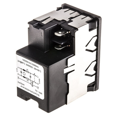 Schurter 2A, 250 V ac Male Snap-In Filtered IEC Connector 2 Pole KMF1.1121.11, Solder 2 Fuse