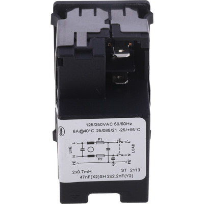 Schurter 6A, 250 V ac Male Snap-In Filtered IEC Connector 2 Pole KMF1.1161.11, Solder 2 Fuse