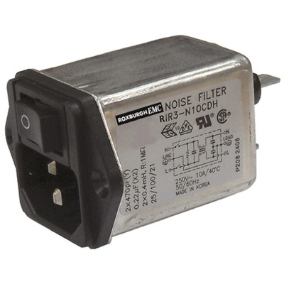Roxburgh EMC 6A, 250 V ac/dc Male Panel Mount IEC Filter 2 Pole RIR306CEH, Faston None Fuse