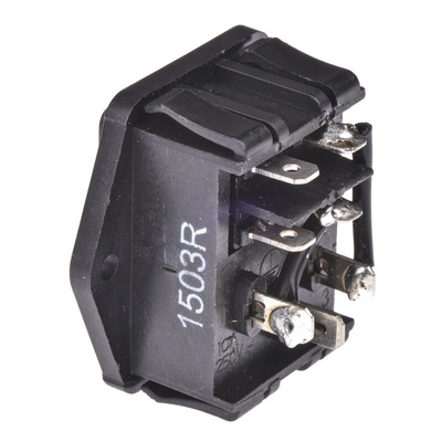 TE Connectivity 15A, 250 V ac Male Flange Mount IEC Filter 2 Pole 1-1609112-4, Spade None Fuse