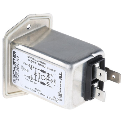 Schurter 4A, 250 V ac Male Panel Mount Filtered IEC Connector 5707.0401.312, Solder