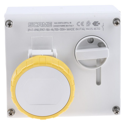 Scame Right Angle Switchable IP66, IP67 Industrial Interlock Socket 2P+E, Earthing Position 4h, 16A, 130 V