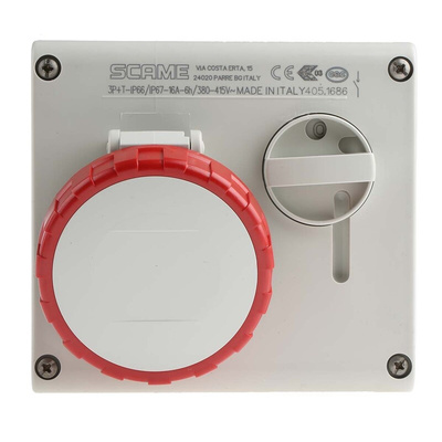 Scame Right Angle Switchable IP66, IP67 Industrial Interlock Socket 3P+E, Earthing Position 6h, 16A, 415 V