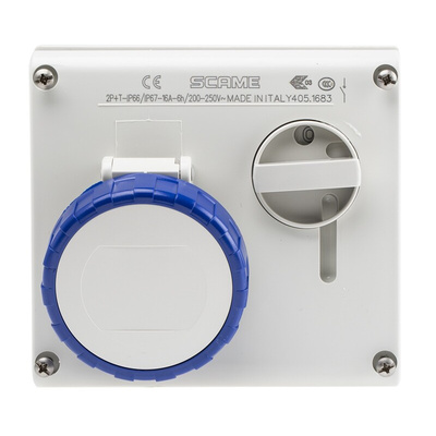 Scame Right Angle Switchable IP66, IP67 Industrial Interlock Socket 2P+E, Earthing Position 6h, 16A, 250 V