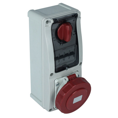 RS PRO IP44 Red Wall Mount 3P + N + E Vertical Industrial Power Socket, Rated At 63A, 400 V