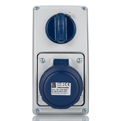 RS PRO IP67 Blue Wall Mount 2P + E Vertical Industrial Power Socket, Rated At 16A, 230 V