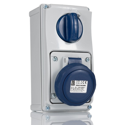 RS PRO IP67 Blue Wall Mount 2P + E Vertical Industrial Power Socket, Rated At 16A, 230 V
