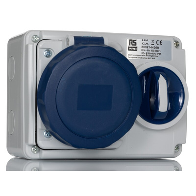 RS PRO IP67 Blue Wall Mount 2P + E Horizontal Industrial Power Socket, Rated At 32A, 230 V