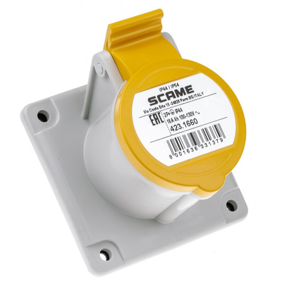 Scame IP44 Yellow Panel Mount 2P + E Industrial Power Socket, Rated At 16A, 110 V