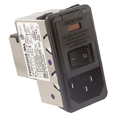 TE Connectivity 6A, 250 V ac Male Snap-In IEC Filter 2 Pole PS0S0DS6B, Spade 2 Fuse